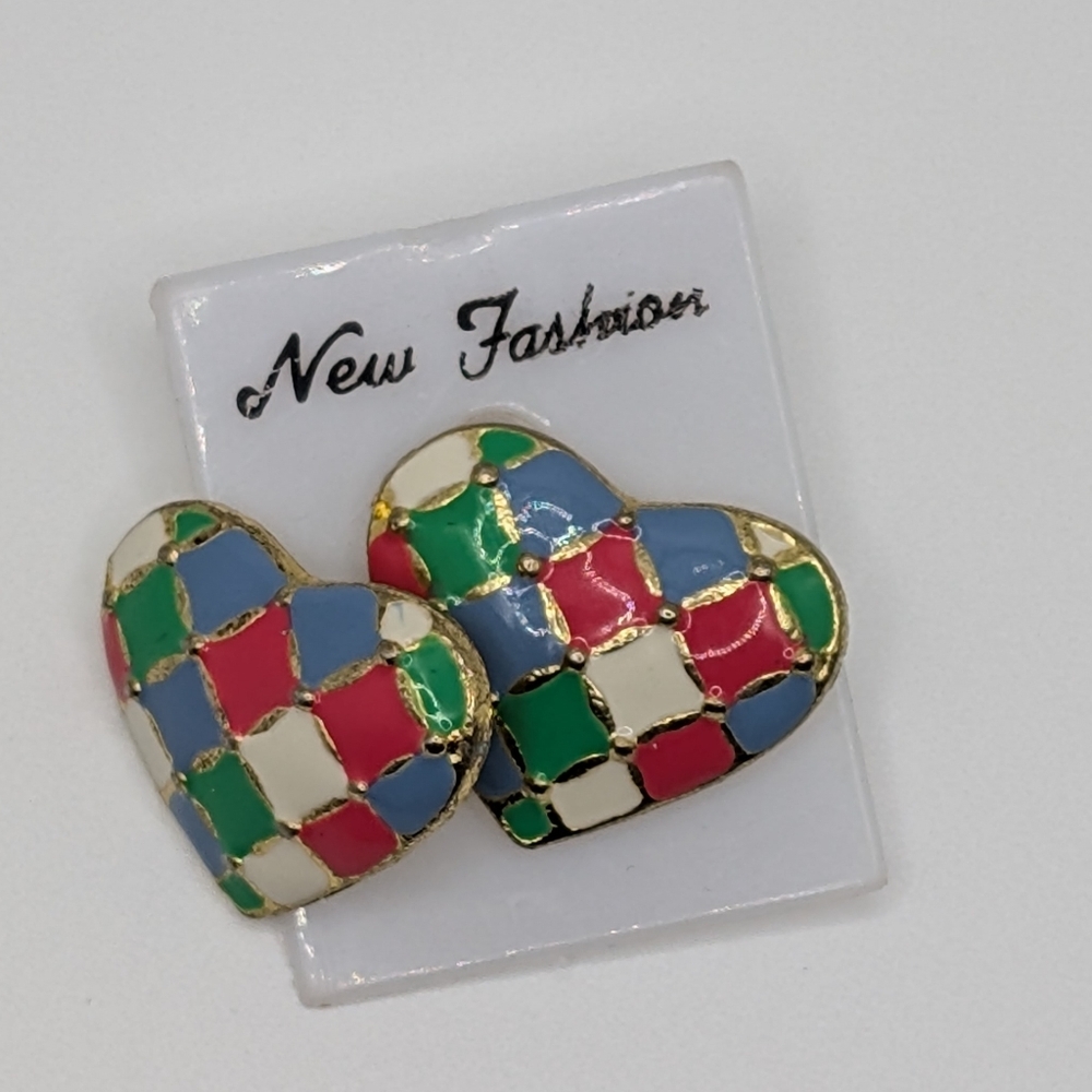 Vintage Fun Colorful Enamel Heart Goldtone Mosaic Earrings